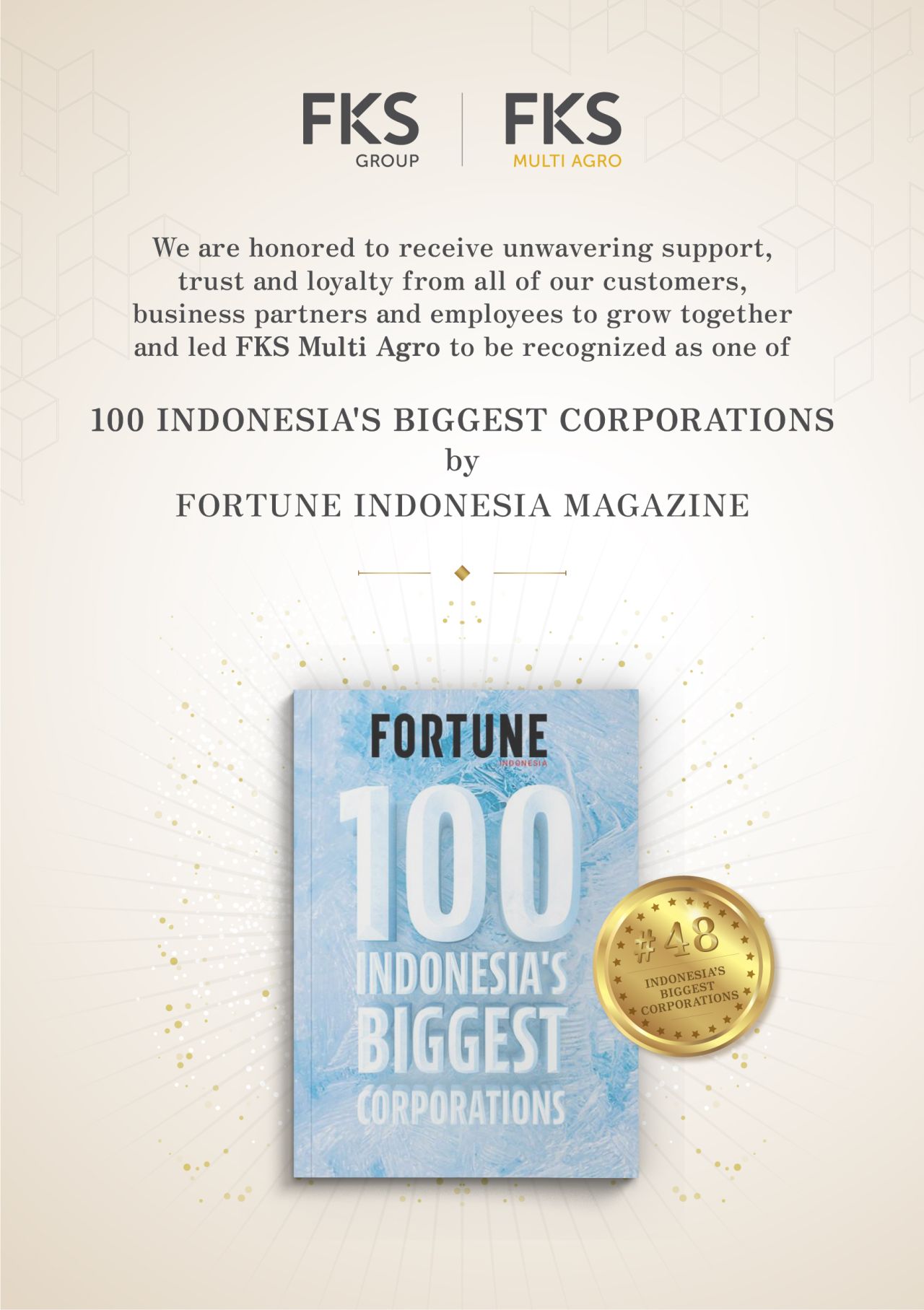 FKS Multi Agro Entered Fortune Indonesia Magazine as Rank 48 Out of 100